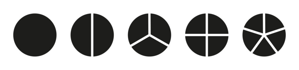 Circle division on 1, 2, 3, 4, 5 equal parts. Infographic minimalist set. Coaching blank. Pie, pizza chart template. Wheel round divided diagrams with one, two, three, four, five segments. 