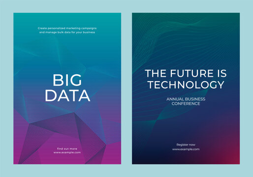 Two tech-themed posters. Big Data and technology focus. Abstract design with gradient colors. Business conference and marketing campaign themes. Digital business and big data template vector set.