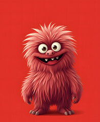 Fototapeta premium Funny fluffy red monster isolated on bright pure red background. Happy and fluffy little monster. Adorable yeti. Halloween character.