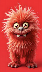 Obraz premium Funny fluffy red monster isolated on bright pure red background. Happy and fluffy little monster. Adorable yeti. Halloween character.