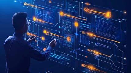Data engineer setting up data pipelines, with digital infrastructure visuals