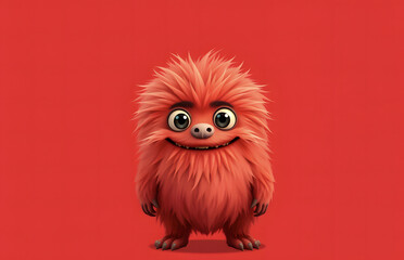 Fototapeta premium Funny fluffy red monster isolated on bright pure red background. Happy and fluffy little monster. Adorable yeti. Halloween character.