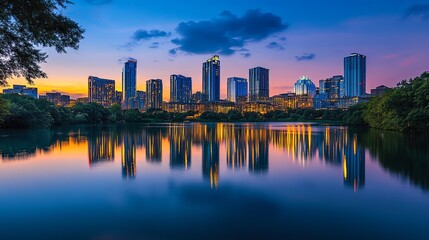 Fototapeta premium An artistic shot of a modern city skyline during twilight, highlighting the contrast between nature and urban architecture.