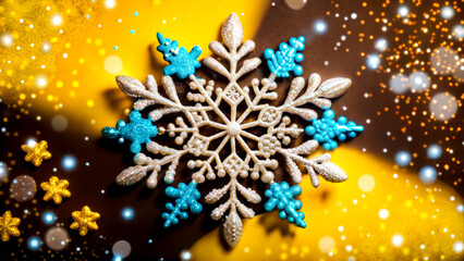Fototapeta premium abstract christmas decoration, golden and teal snowflake ornament on a glowing background 