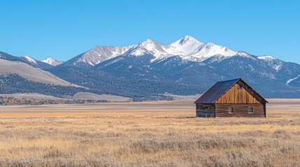 A rustic wooden cabin sits alone in a vast field, with a snow-capped mountain range in the background.