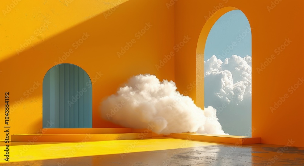 Wall mural yellow archway with cloud floating through in minimalist scene