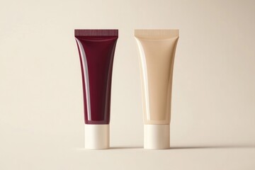 Two package beauty cosmetic tubes, burgundy cream beige isolated mockup template