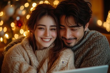 Loving couple enjoying Christmas celebration at home by themselves