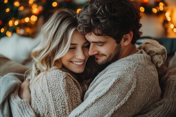 Loving couple enjoying Christmas celebration at home by themselves