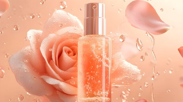 Delicate Rose Petal Facial Mist   Product Rendering with Whimsical Design Elements