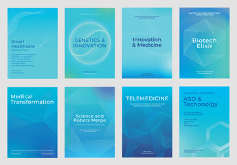 Blue medical posters featuring innovation, genetics, healthcare, and technology. Modern design highlights medical advancements and biotech. Medical technology, healthcare template vector set.