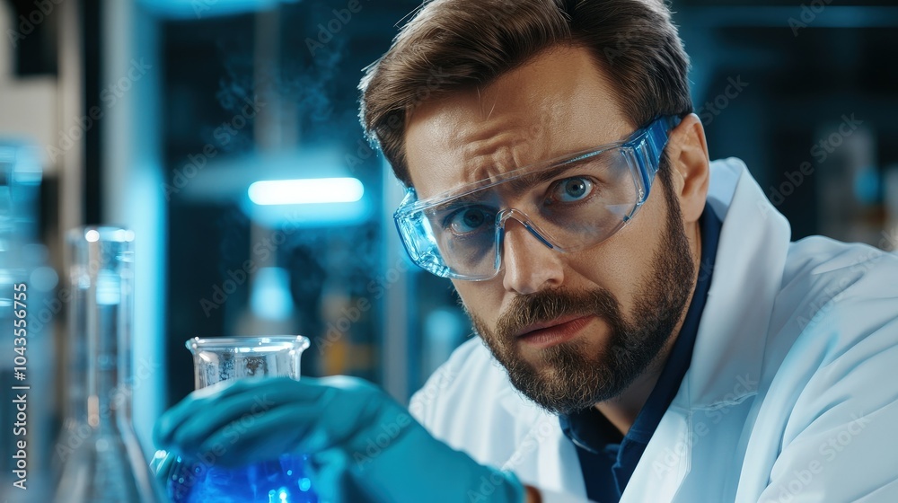 Poster scientist conducting chemical experiment in lab environment