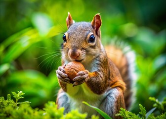 Obraz premium Close-Up of a Squirrel Eating a Whole Walnut in Nature's Habitat - Aerial Photography Capture
