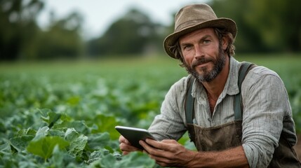 A man in a straw hat is sitting in a field and holding a tablet