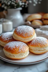 German Berliner, Krapfen, donut, doughnut served on plate.  Traditional German doughnut with powdered sugar on top.
