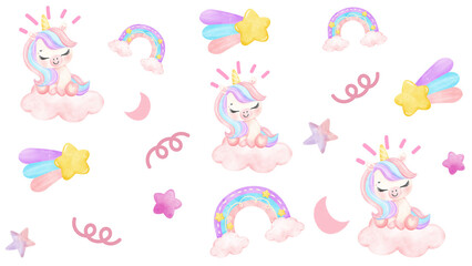 Cute Unicorn on Cloud with Pink Moon , Stars , Rainbow,  Seamless Pattern ,Wallpaper