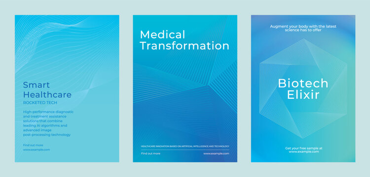 Blue medical posters with techs. Keywords: medical, transformation, biotech. Emphasize medical transformation and biotech elixir. Tech-focused design. Medical technology, healthcare template vector.