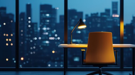 Fototapeta premium Exhausted Worker Concept Highlighting Overtime Stress.A serene night view from an office with a desk lamp and a chair overlooking a city skyline illuminated by city lights