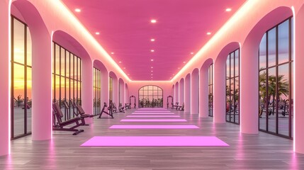 Pink Gym Interior with Arch Windows and Sunset View