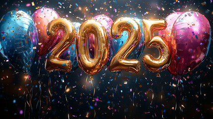 A vibrant illustration of bright numbers 2025 air balloons