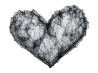 Abstract heart shape composed of delicate black wireframe design.