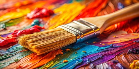 Fototapeta premium Close-Up of Paintbrush and Palette with Vibrant Oil Paints for Artistic Inspiration