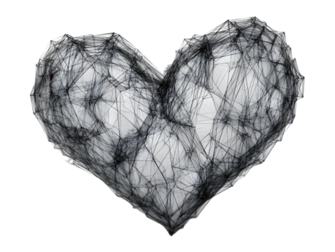 Abstract heart shape composed of delicate black wireframe design.