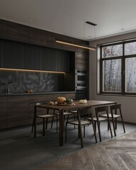 Modern kitchen in a luxurious style with a dinner table..