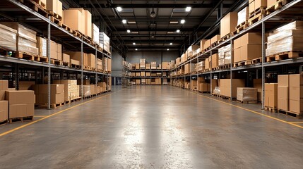 Efficient storage system, tall shelves filled with boxes, clean warehouse setup
