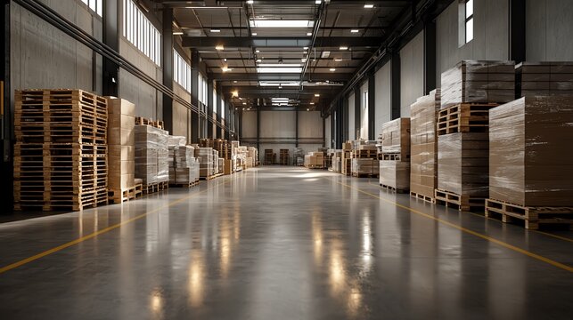 Modern warehouse interior, stacked pallets, efficient layout, clean and organized