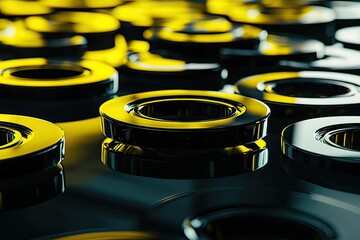 Close-up of black and yellow circular components on a reflective surface.