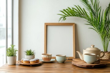 Rustic Breakfast Setting with Tea Cups and Desserts on Wooden Table in Cozy Kitchen