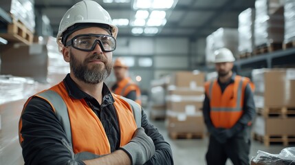 Team of workers in safety gear, coordinating tasks, organized warehouse operations