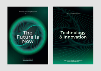 Futuristic design with technology. Features abstract green swirls. Emphasizes innovation and future. Ideal for tech and innovation promotions. Environmental technology, green poster template vector.