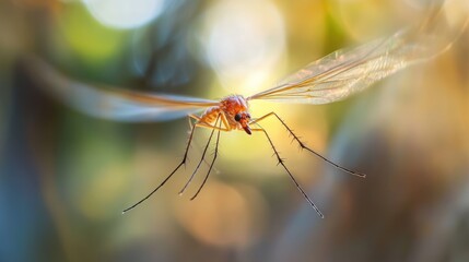A close-up of a mosquito in flight, with its wings spread wide. The insect is in focus, while the background is blurred, creating a bokeh effect.