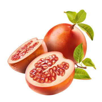 A vibrant illustration of a pomegranate, showcasing its juicy seeds and fresh leaves, perfect for food-related projects.