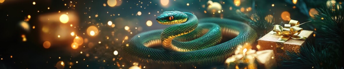 Obraz premium banner Green snake next to gifts in gold packaging, symbol of 2025 according to the Chinese calendar