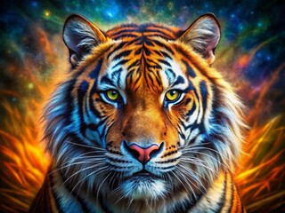 Fototapeta premium Close-up Portrait of a Majestic Tiger in Surreal Landscape, Vivid Colors and Dreamlike Elements, Nature's Beauty