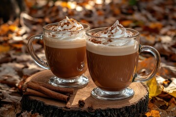 Sweet Pumpkin Spice Latte in Glass Mug with Whipped Cream and Cinnamon