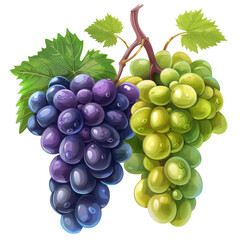 Colorful bunch of green and purple grapes with leaves, perfect for food illustrations, healthy lifestyle, and nutrition concepts.