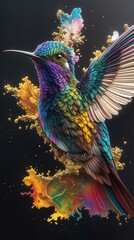 Obraz premium A 3D render of hyper-realistic alcohol ink artwork of a mysterious hummingbird.