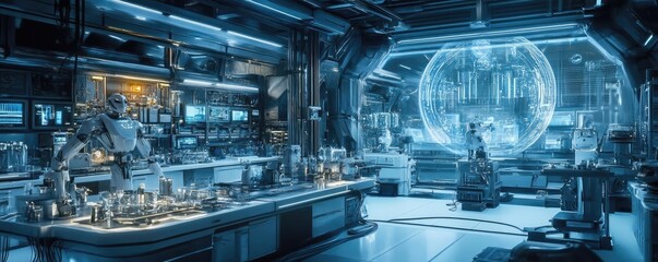 Fototapeta premium A futuristic science lab, with floating holographic displays and robotic assistants