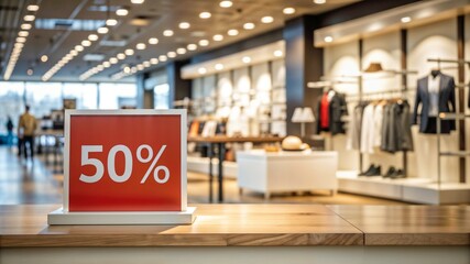 Indoor shopping mall with "50%" discount sign on a polished floor and blurred clothing racks
