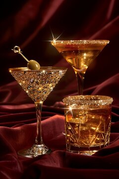 Shimmering Luxury Cocktails sitting on a deep red velvet background.