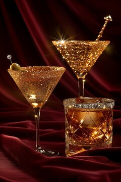 Shimmering Luxury Cocktails sitting on a deep red velvet background.