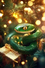 Fototapeta premium Green snake next to gifts in gold packaging, symbol of 2025 according to the Chinese calendar