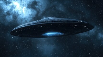 Obraz premium A detailed depiction of a futuristic UFO hovering in a starry sky, surrounded by cosmic clouds and a vibrant glow.