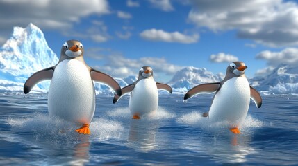 Fototapeta premium Cartoon penguins sliding down melting glaciers, 3D illustration