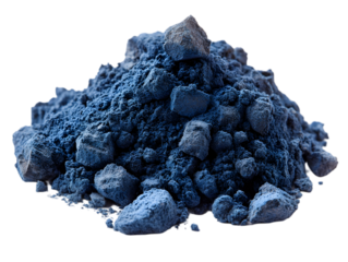 Pile of vibrant blue pigment powder with rocky texture.