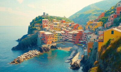 Fototapeta premium Watercolor Manarolla is the most famous panorama from the towns in the Cinque Terre